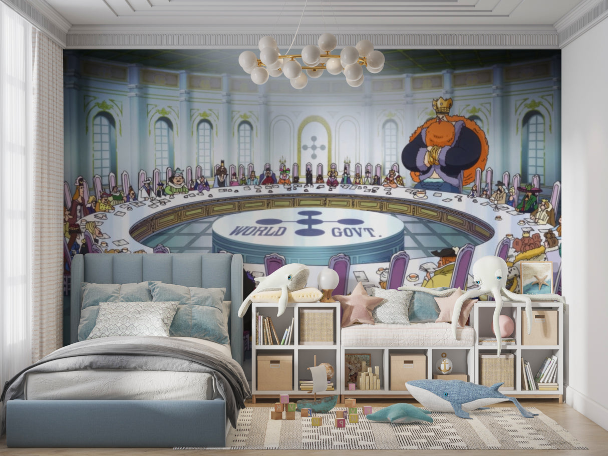One Piece wallpaper creating impact in a stylish entertainment room
