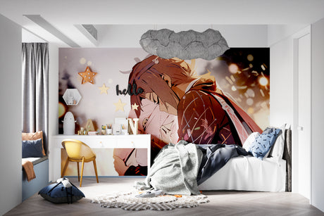 Anime wallpaper mural bringing dynamic energy to a modern teen bedroom with warm copper tones