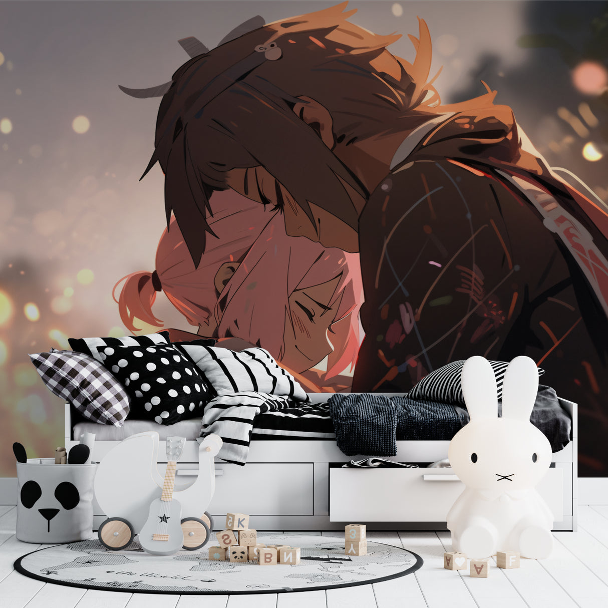 Manga art wallpaper transforming a fan's living room into an immersive story space