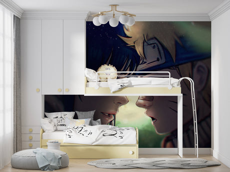 Anime wall mural bringing magic to a modern teen bedroom with soft night lighting
