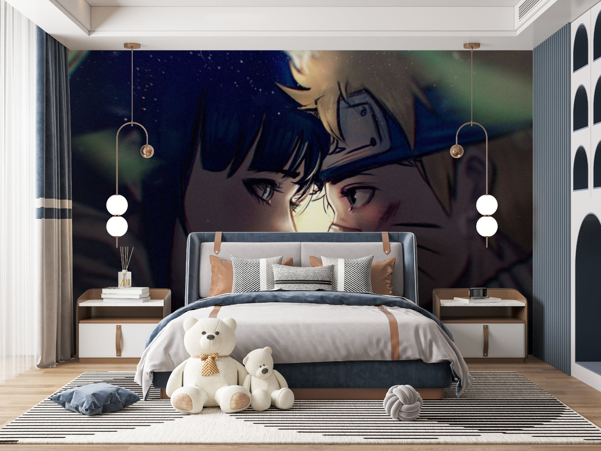 Japanese anime mural transforming a gaming room with ethereal night scene