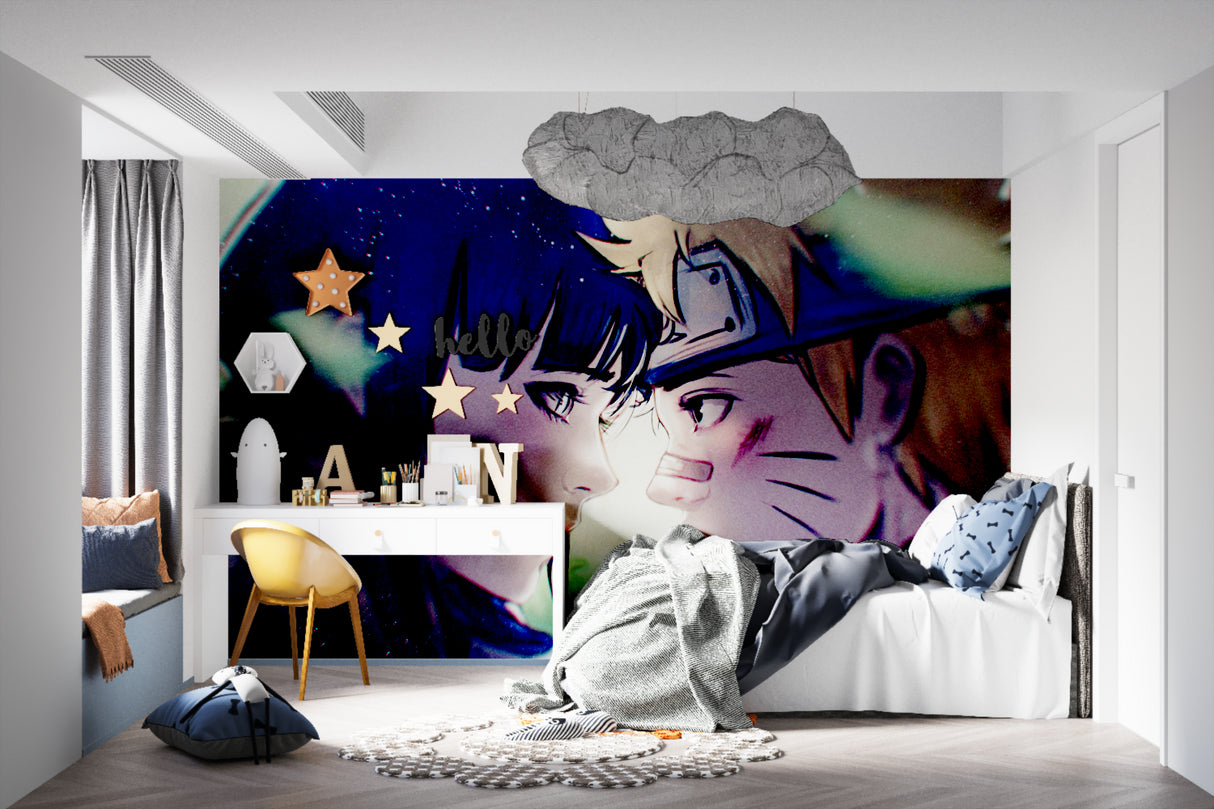 Manga wallpaper creating depth in a cozy reading nook with night theme