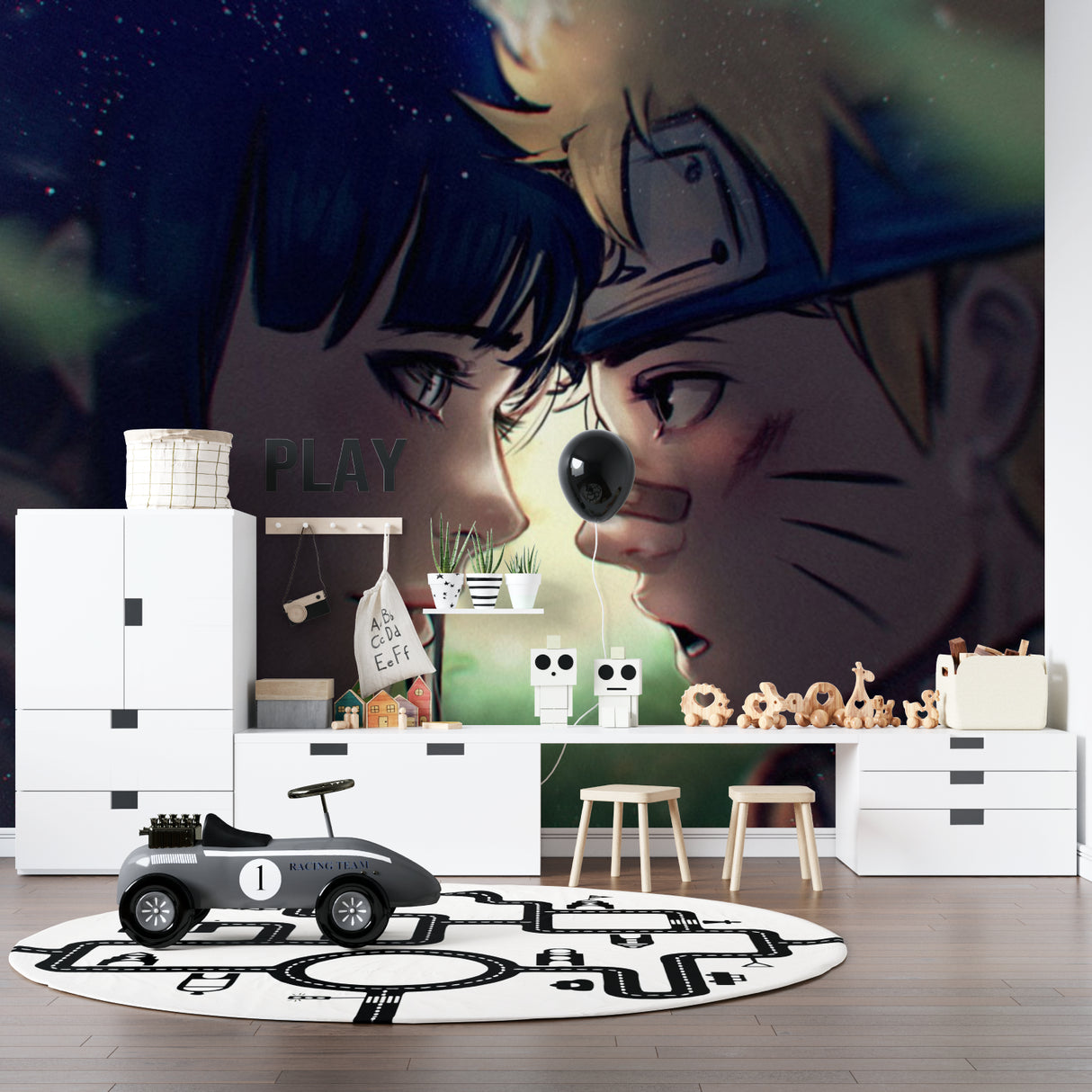 Anime themed wall mural making a small bedroom feel spacious and magical