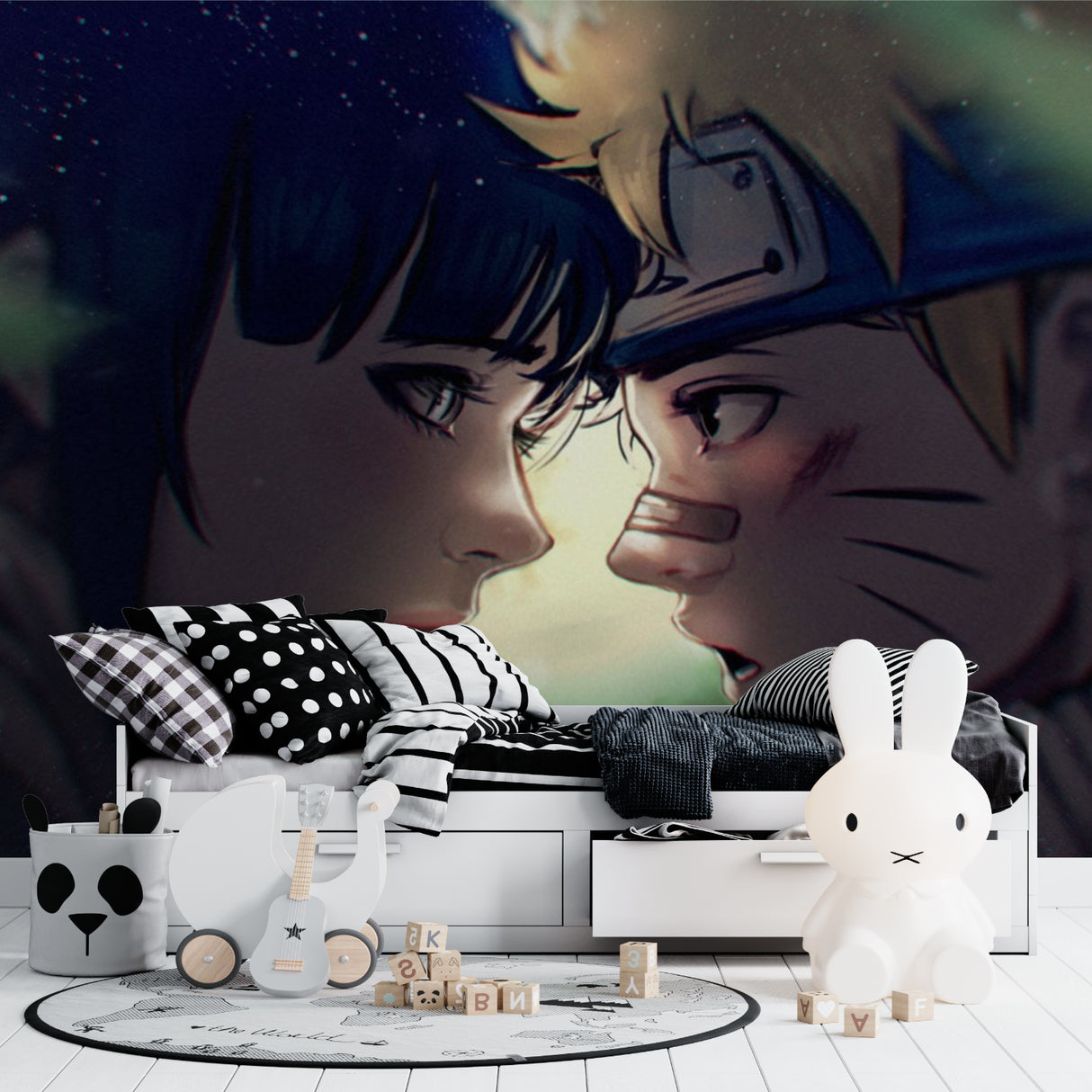 Night scene anime wallpaper adding character to a study room setup