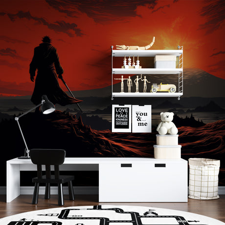 Anime Samurai wallpaper mural displayed in modern gaming room with dramatic lighting effects