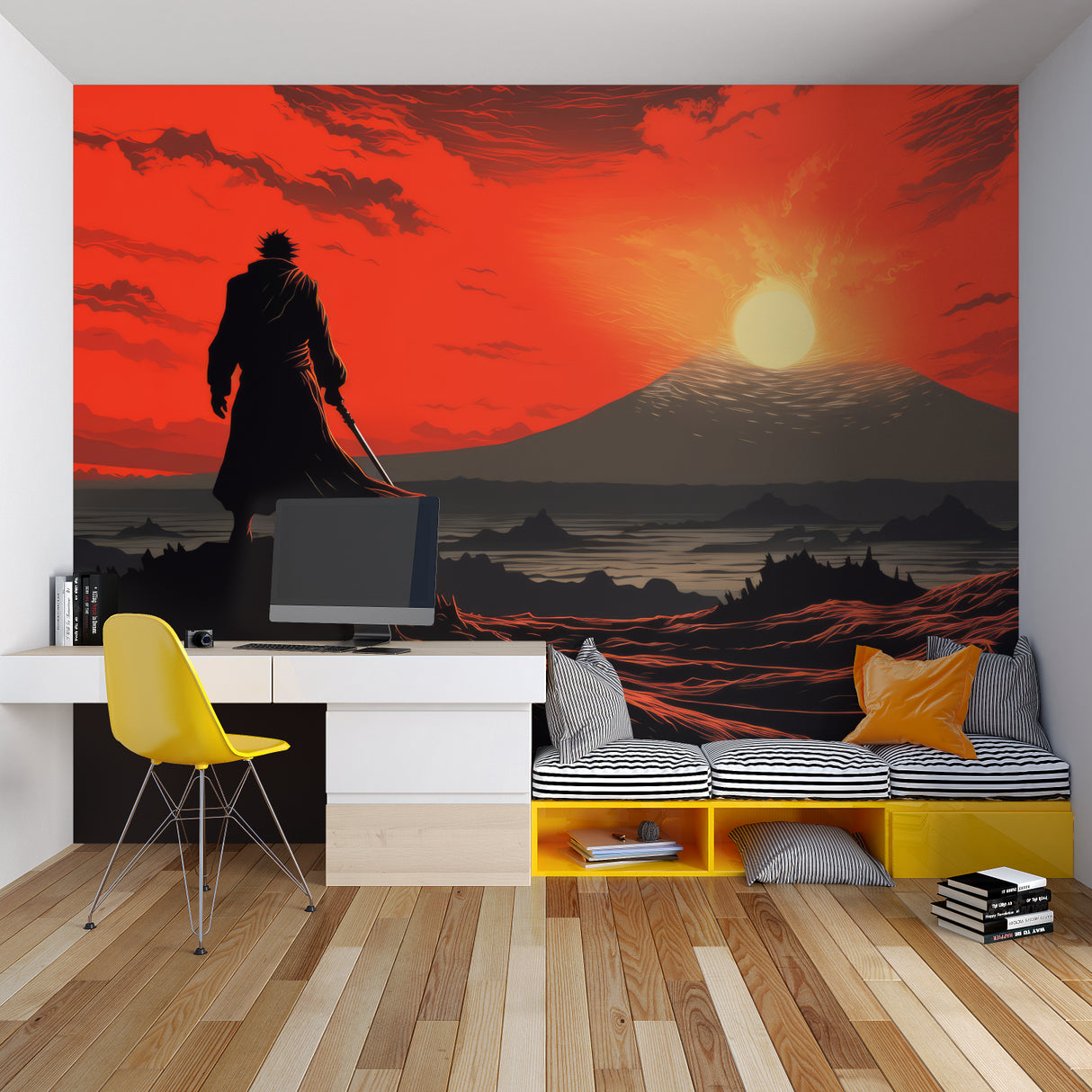 Japanese style mural in teen bedroom showing sunset samurai scene