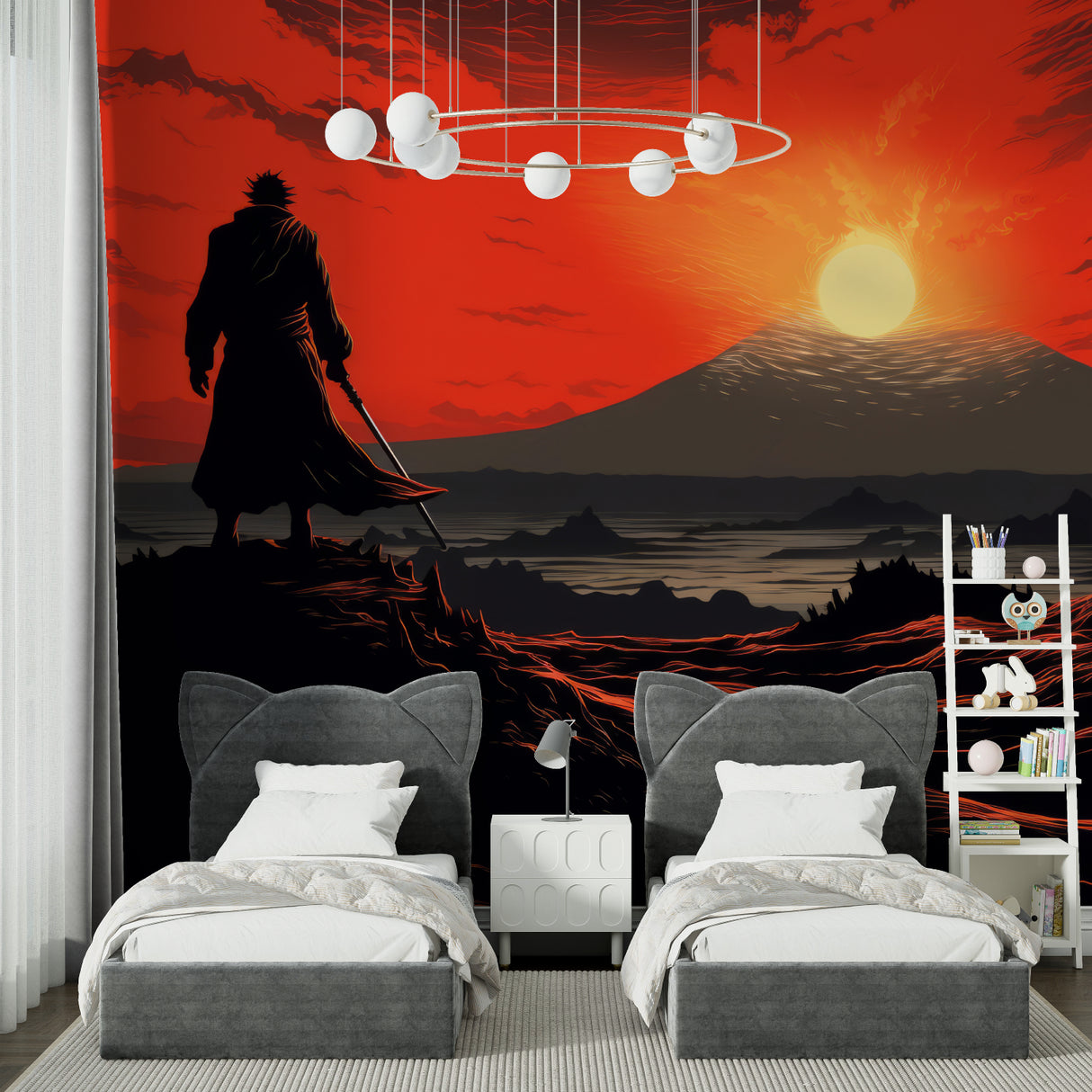 Anime wall mural bringing dramatic atmosphere to home office space