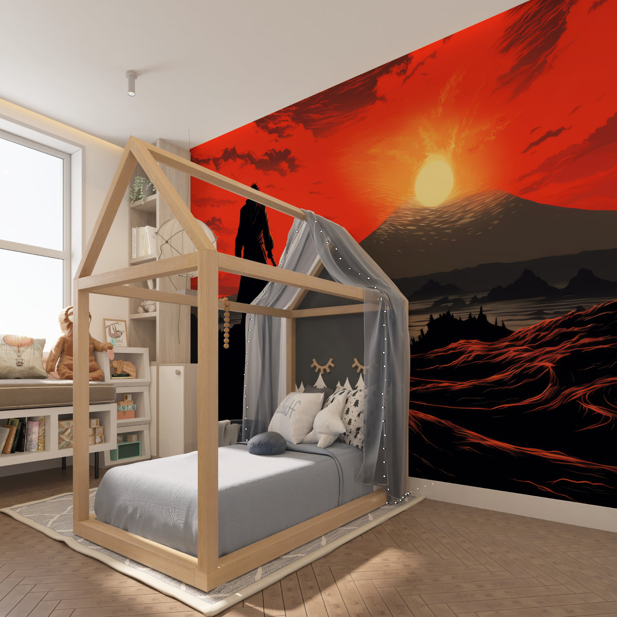 Panoramic anime wallpaper installation in media room showing full scene