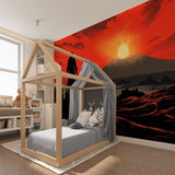 Panoramic anime wallpaper installation in media room showing full scene
