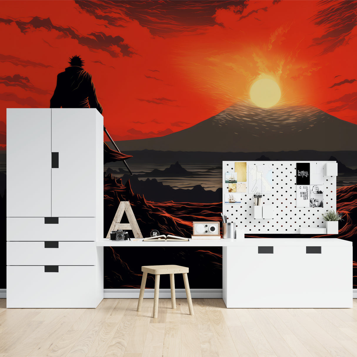 Japanese anime mural creating focal point in contemporary living room