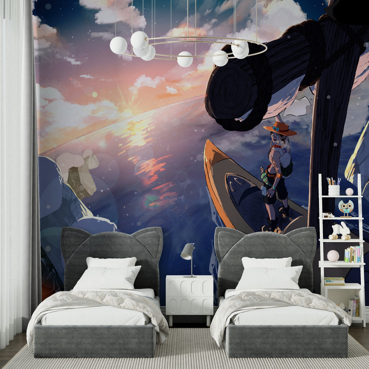 Anime sunset wallpaper mural bringing adventure vibes to a modern teen bedroom with gaming setup