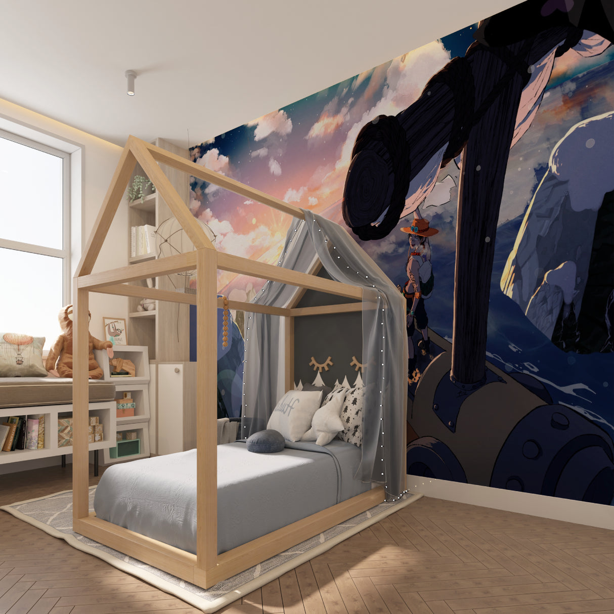 Manga style wall mural creating depth in a cozy reading nook with ambient lighting