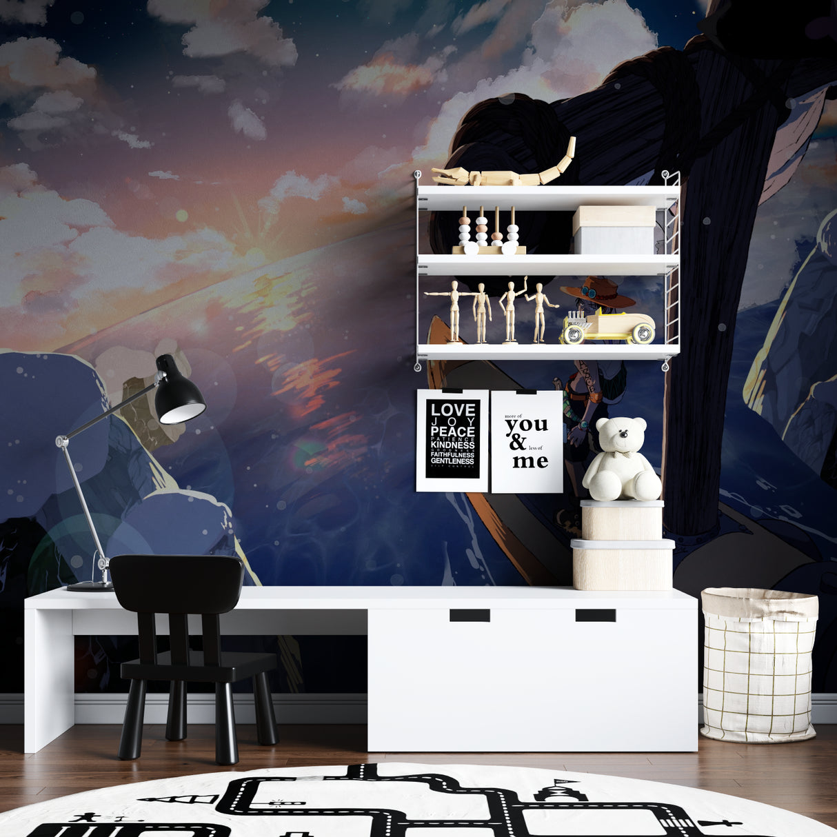 Japanese anime wallpaper transforming a home office into an inspiring creative space