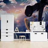 Anime adventure mural making a statement in a modern living room setting