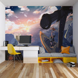 Sunset anime wallpaper bringing warmth to a minimalist bedroom design
