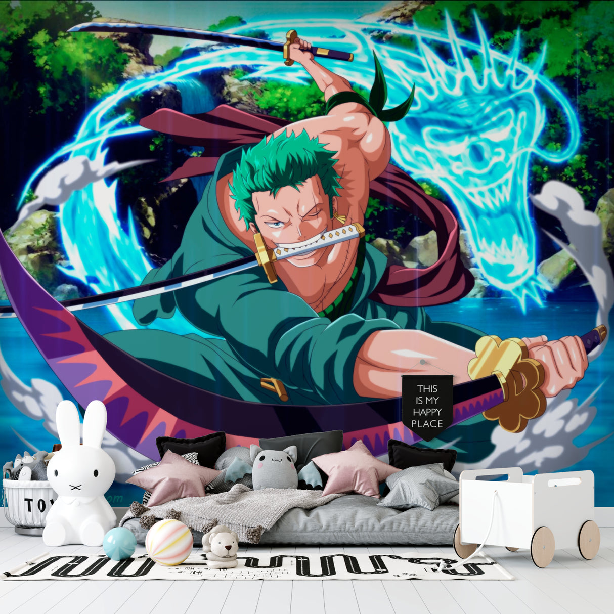 Anime warrior wallpaper bringing dynamic energy to a modern gaming room setup with LED lighting