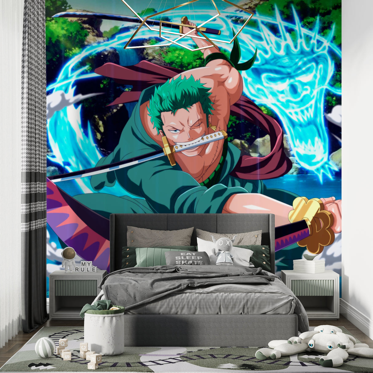 Teen bedroom transformed with epic anime wall mural featuring bold sword action scene