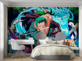 Anime warrior mural creating atmosphere in a stylish entertainment room
