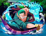 Design file showing detailed anime warrior pattern with vibrant energy effects and precise color palette