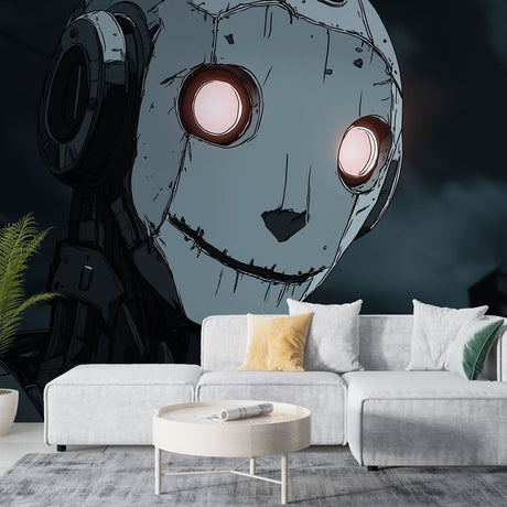 Anime Robot Mural Wallpaper creating a stunning focal point in a modern gaming room with LED ambient lighting