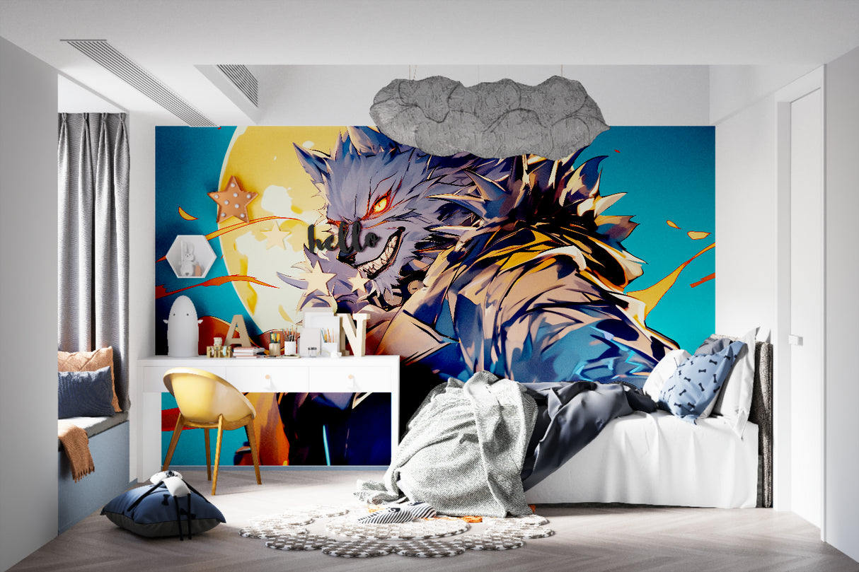 Anime Wolf Mural Wallpaper creating bold impact in modern gaming room with LED lighting