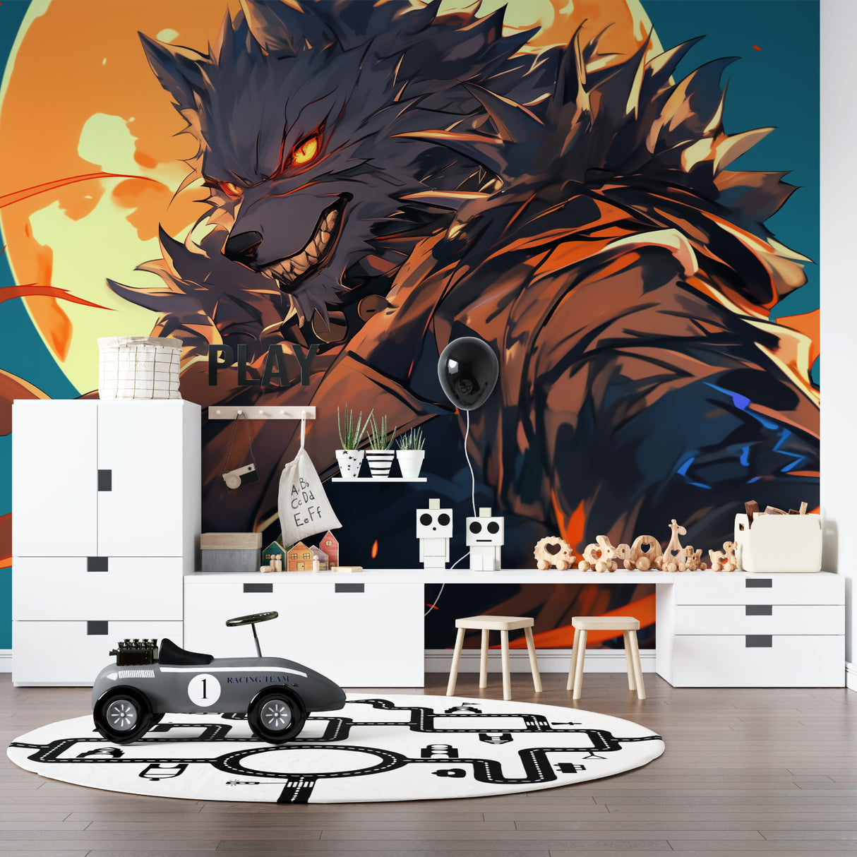 Japanese anime wolf wallpaper bringing energy to teen bedroom with dark furniture