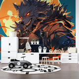 Japanese anime wolf wallpaper bringing energy to teen bedroom with dark furniture