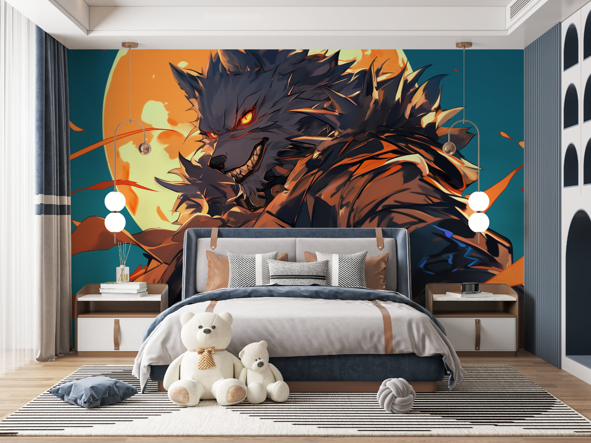Fierce wolf mural display in urban style living room with ambient lighting