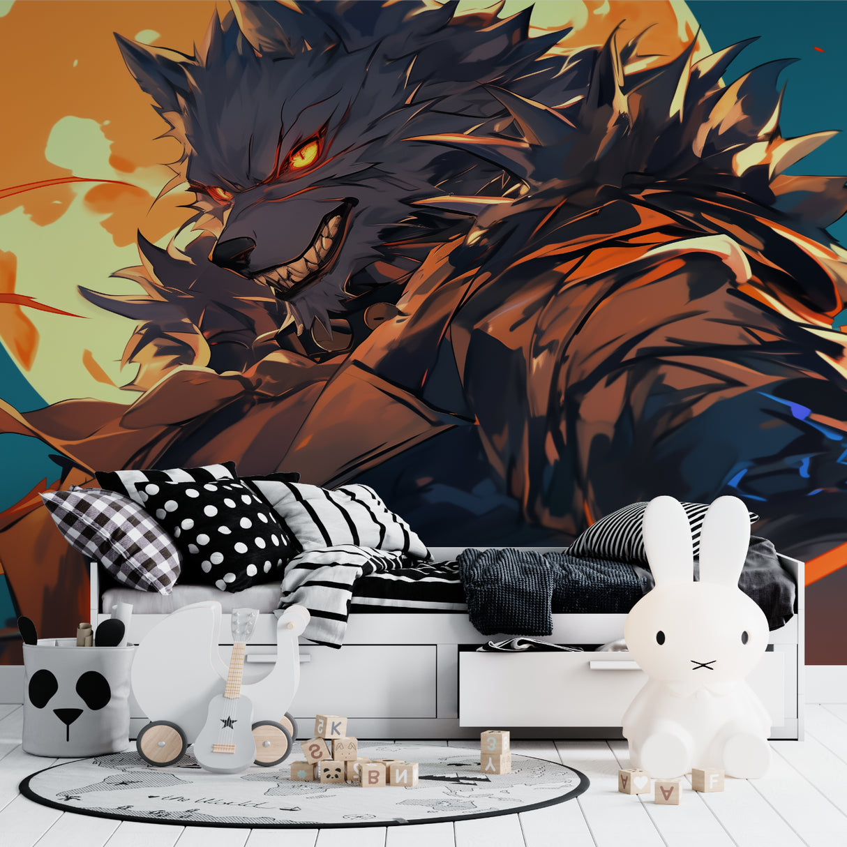 Anime beast wallpaper creating dramatic atmosphere in contemporary home office