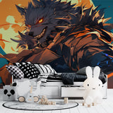 Anime beast wallpaper creating dramatic atmosphere in contemporary home office