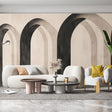 Modern arch wallpaper in a bright living room showing dramatic black and beige pattern creating depth