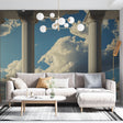 Greek column wallpaper mural creating depth in a modern living room with high ceilings and minimal furniture