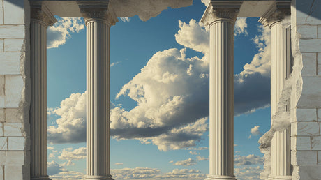 Architectural Greek columns with blue sky design file showing intricate column details and cloud patterns