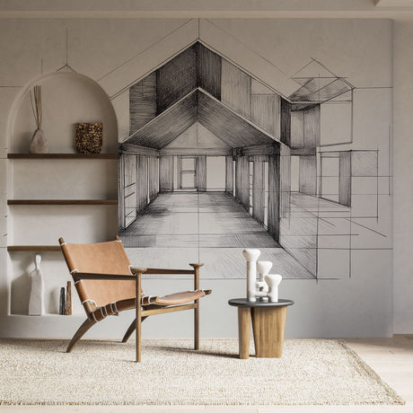 Modern architectural line drawing wallpaper mural styled in a minimalist home office with natural lighting