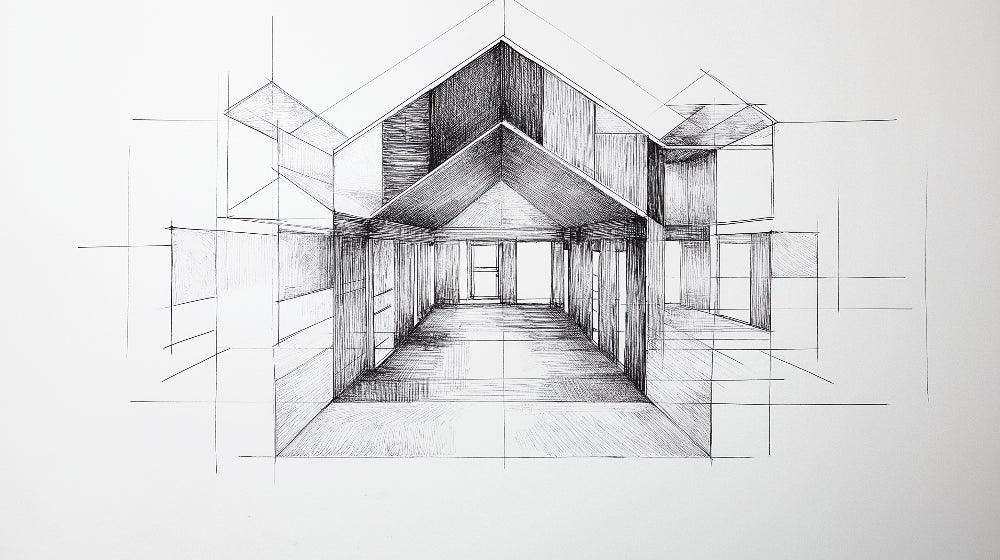 Architectural perspective drawing design file showing detailed black and white line work pattern