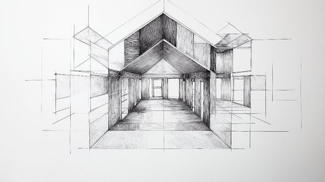 Architectural perspective drawing design file showing detailed black and white line work pattern