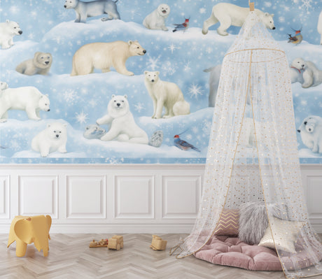 Polar bear wallpaper mural styled in a cozy nursery with white furniture and soft lighting