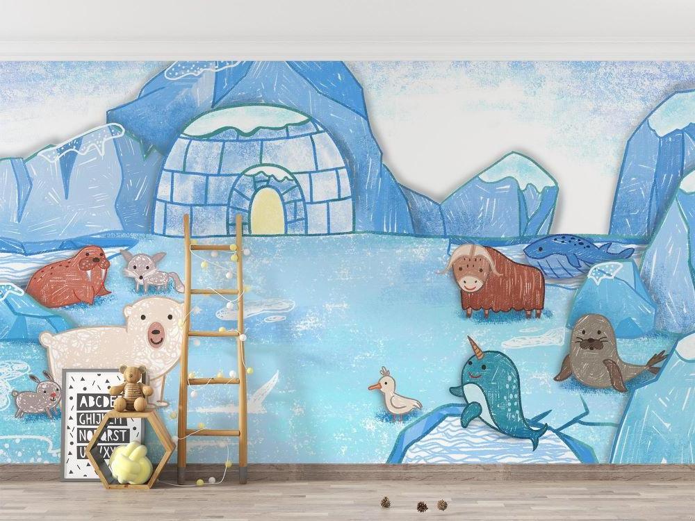 Arctic animals wallpaper displayed in a bright nursery, showing playful polar bears and arctic friends around an igloo