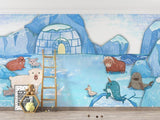 Arctic animals wallpaper displayed in a bright nursery, showing playful polar bears and arctic friends around an igloo