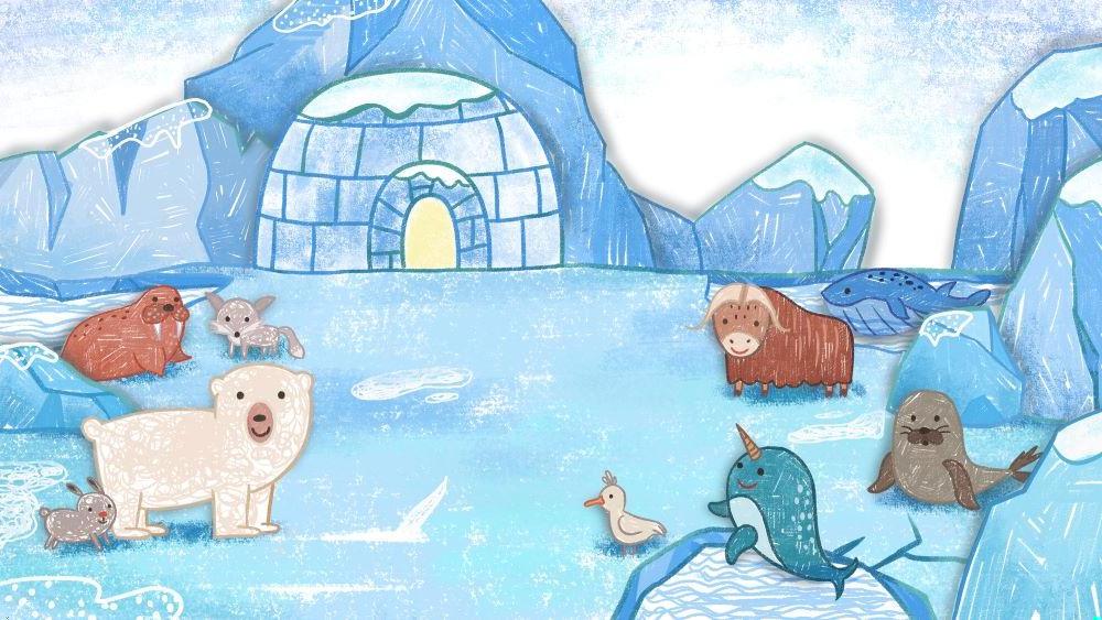 Arctic animals wallpaper design file showing detailed illustration of polar bears, narwhals, and arctic foxes
