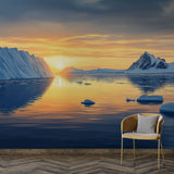 Arctic landscape wallpaper creating a stunning focal point in a modern living room with white furniture and natural light