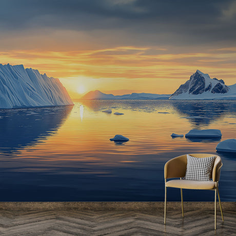 Arctic landscape wallpaper creating a stunning focal point in a modern living room with white furniture and natural light
