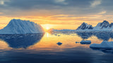 Arctic sunset over icebergs design file showing detailed ice formations and warm golden light effects