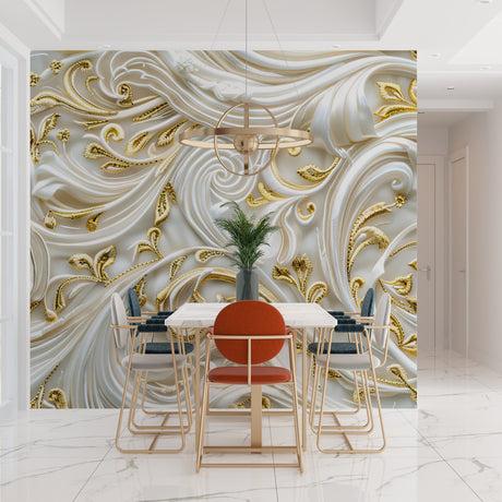 White and gold Art Deco wallpaper in bright modern dining room with crystal chandelier
