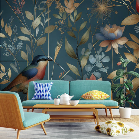 Art deco bird wallpaper with gold details shown in an elegant dining room setting with modern furniture