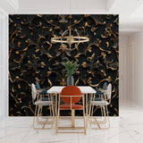 Black and gold art deco wallpaper in home office setting with modern furniture
