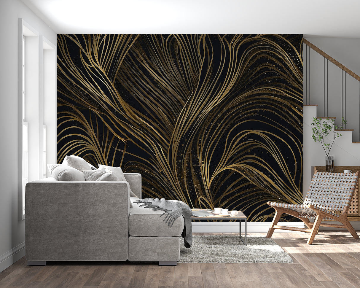 Black and gold curved pattern featured in modern office space