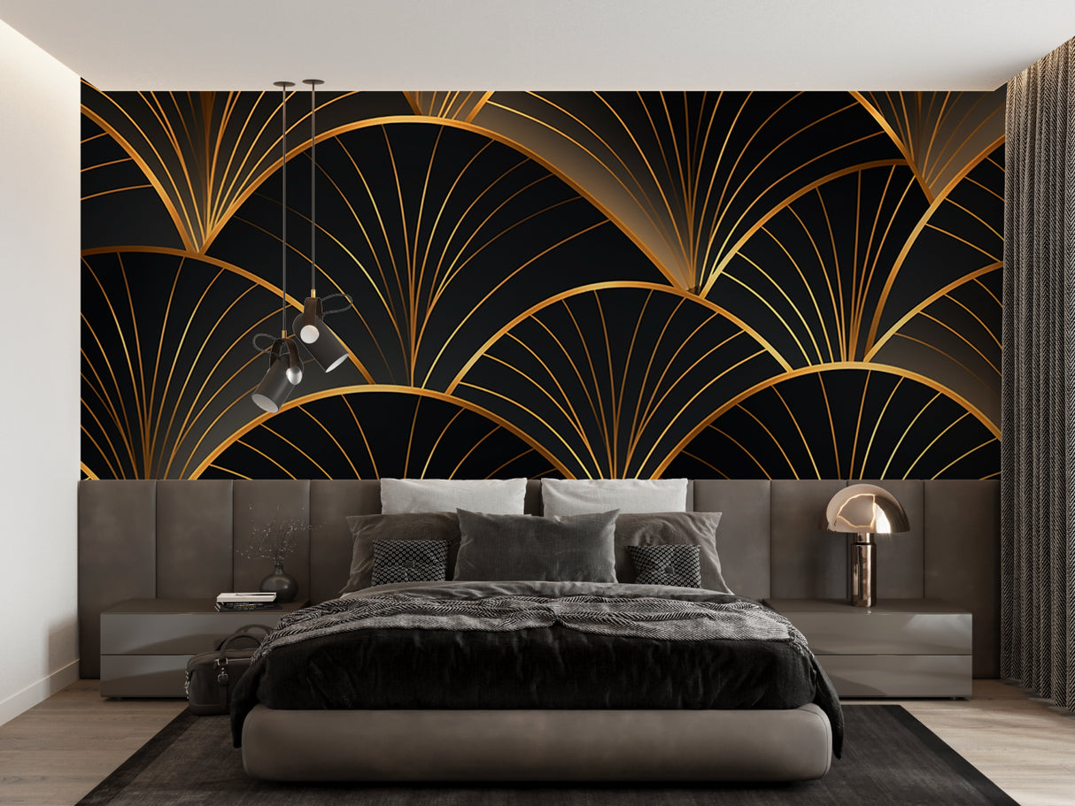 Art deco black and gold fan pattern wallpaper in modern dining room with crystal chandelier