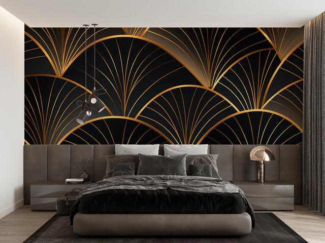 Art deco black and gold fan pattern wallpaper in modern dining room with crystal chandelier
