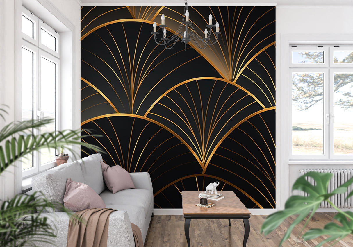 Gold geometric pattern on black backdrop in contemporary living room